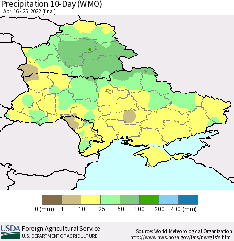 Ukraine, Moldova and Belarus Precipitation 10-Day (WMO) Thematic Map For 4/16/2022 - 4/25/2022