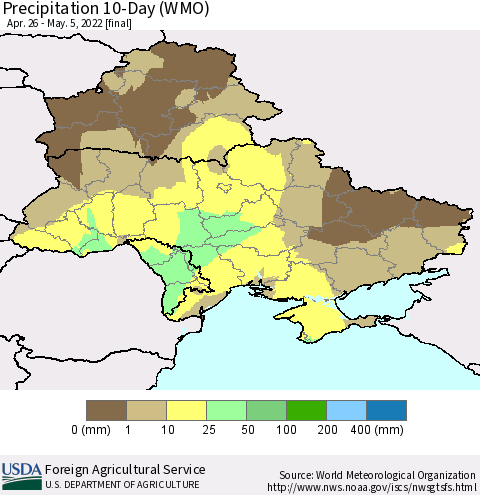 Ukraine, Moldova and Belarus Precipitation 10-Day (WMO) Thematic Map For 4/26/2022 - 5/5/2022