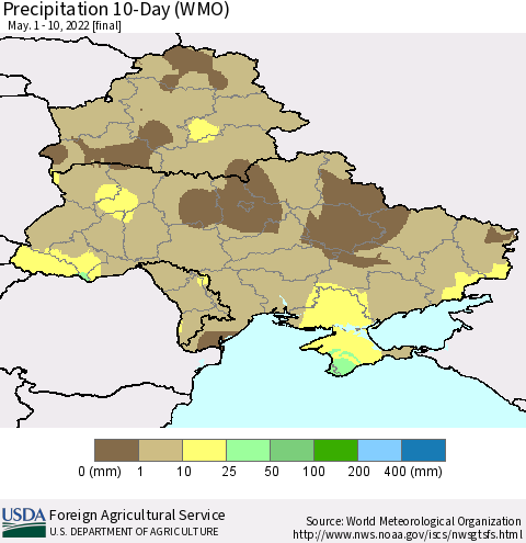 Ukraine, Moldova and Belarus Precipitation 10-Day (WMO) Thematic Map For 5/1/2022 - 5/10/2022