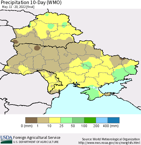Ukraine, Moldova and Belarus Precipitation 10-Day (WMO) Thematic Map For 5/11/2022 - 5/20/2022