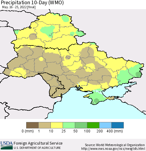 Ukraine, Moldova and Belarus Precipitation 10-Day (WMO) Thematic Map For 5/16/2022 - 5/25/2022