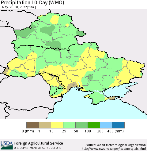 Ukraine, Moldova and Belarus Precipitation 10-Day (WMO) Thematic Map For 5/21/2022 - 5/31/2022