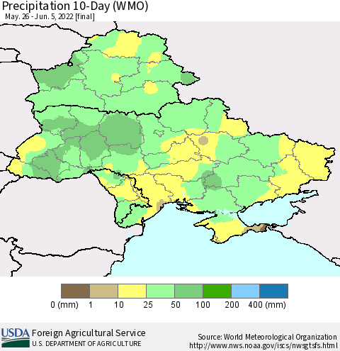 Ukraine, Moldova and Belarus Precipitation 10-Day (WMO) Thematic Map For 5/26/2022 - 6/5/2022