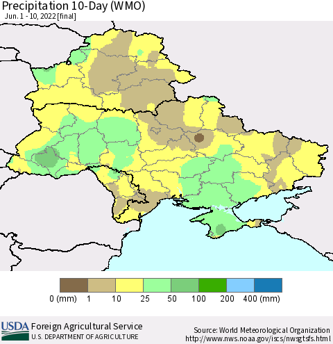Ukraine, Moldova and Belarus Precipitation 10-Day (WMO) Thematic Map For 6/1/2022 - 6/10/2022