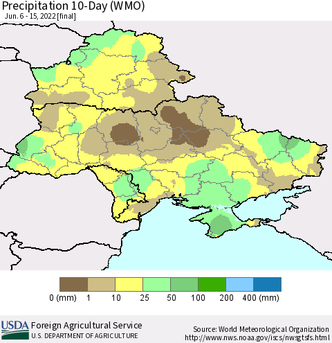 Ukraine, Moldova and Belarus Precipitation 10-Day (WMO) Thematic Map For 6/6/2022 - 6/15/2022