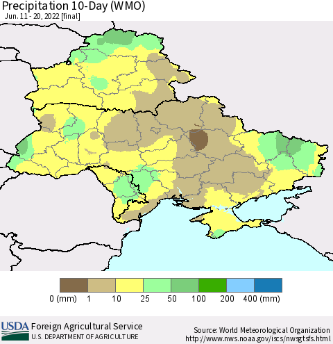 Ukraine, Moldova and Belarus Precipitation 10-Day (WMO) Thematic Map For 6/11/2022 - 6/20/2022