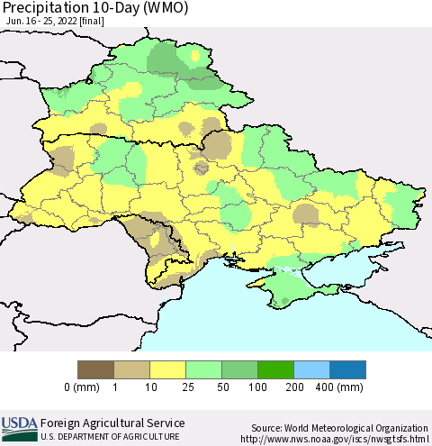 Ukraine, Moldova and Belarus Precipitation 10-Day (WMO) Thematic Map For 6/16/2022 - 6/25/2022