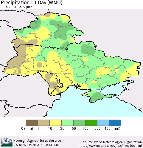Ukraine, Moldova and Belarus Precipitation 10-Day (WMO) Thematic Map For 6/21/2022 - 6/30/2022