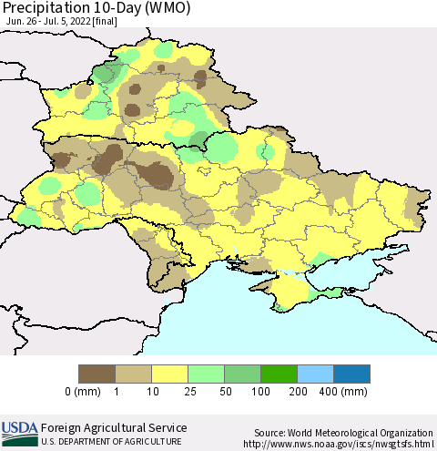 Ukraine, Moldova and Belarus Precipitation 10-Day (WMO) Thematic Map For 6/26/2022 - 7/5/2022