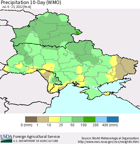 Ukraine, Moldova and Belarus Precipitation 10-Day (WMO) Thematic Map For 7/6/2022 - 7/15/2022