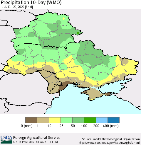 Ukraine, Moldova and Belarus Precipitation 10-Day (WMO) Thematic Map For 7/11/2022 - 7/20/2022