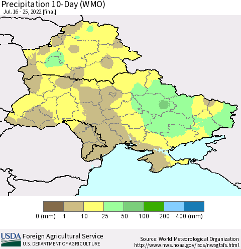 Ukraine, Moldova and Belarus Precipitation 10-Day (WMO) Thematic Map For 7/16/2022 - 7/25/2022