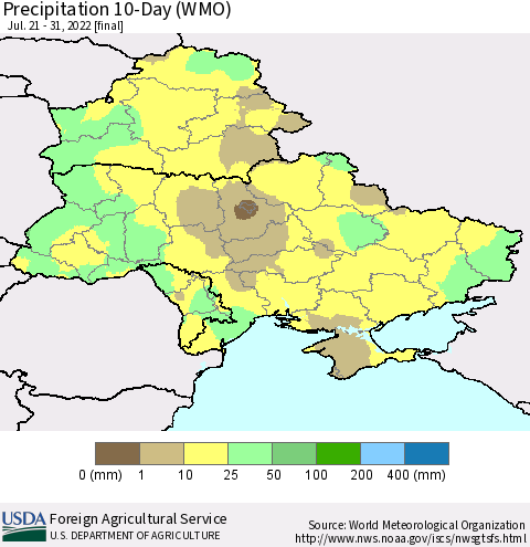 Ukraine, Moldova and Belarus Precipitation 10-Day (WMO) Thematic Map For 7/21/2022 - 7/31/2022
