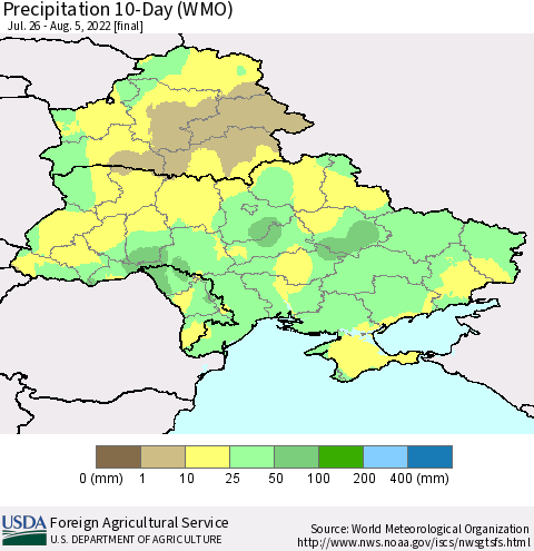 Ukraine, Moldova and Belarus Precipitation 10-Day (WMO) Thematic Map For 7/26/2022 - 8/5/2022