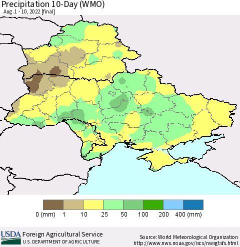 Ukraine, Moldova and Belarus Precipitation 10-Day (WMO) Thematic Map For 8/1/2022 - 8/10/2022