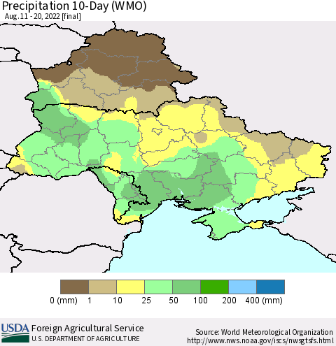 Ukraine, Moldova and Belarus Precipitation 10-Day (WMO) Thematic Map For 8/11/2022 - 8/20/2022