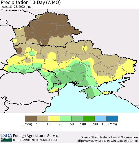 Ukraine, Moldova and Belarus Precipitation 10-Day (WMO) Thematic Map For 8/16/2022 - 8/25/2022