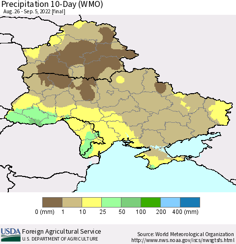 Ukraine, Moldova and Belarus Precipitation 10-Day (WMO) Thematic Map For 8/26/2022 - 9/5/2022