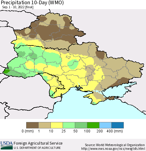 Ukraine, Moldova and Belarus Precipitation 10-Day (WMO) Thematic Map For 9/1/2022 - 9/10/2022