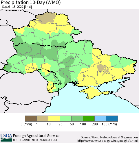 Ukraine, Moldova and Belarus Precipitation 10-Day (WMO) Thematic Map For 9/6/2022 - 9/15/2022