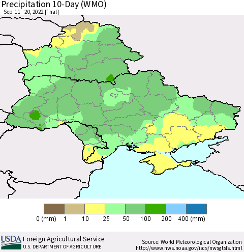 Ukraine, Moldova and Belarus Precipitation 10-Day (WMO) Thematic Map For 9/11/2022 - 9/20/2022