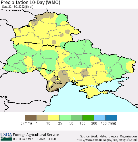 Ukraine, Moldova and Belarus Precipitation 10-Day (WMO) Thematic Map For 9/21/2022 - 9/30/2022