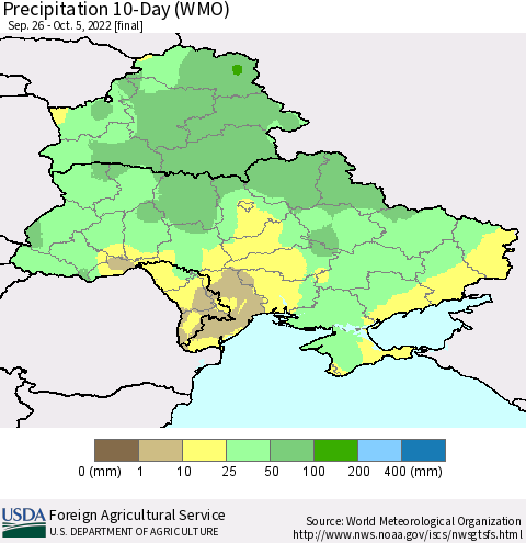 Ukraine, Moldova and Belarus Precipitation 10-Day (WMO) Thematic Map For 9/26/2022 - 10/5/2022