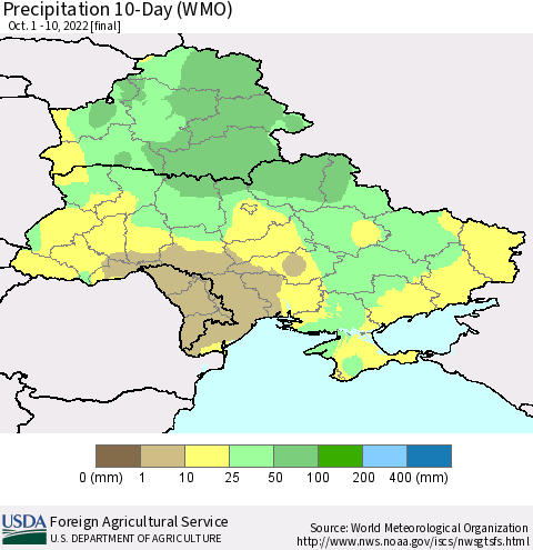 Ukraine, Moldova and Belarus Precipitation 10-Day (WMO) Thematic Map For 10/1/2022 - 10/10/2022