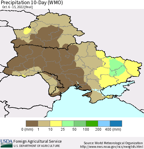 Ukraine, Moldova and Belarus Precipitation 10-Day (WMO) Thematic Map For 10/6/2022 - 10/15/2022