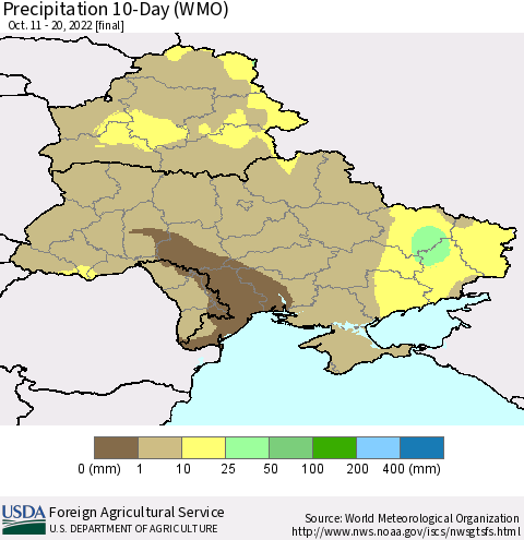 Ukraine, Moldova and Belarus Precipitation 10-Day (WMO) Thematic Map For 10/11/2022 - 10/20/2022