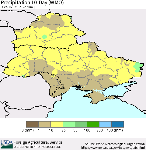 Ukraine, Moldova and Belarus Precipitation 10-Day (WMO) Thematic Map For 10/16/2022 - 10/25/2022