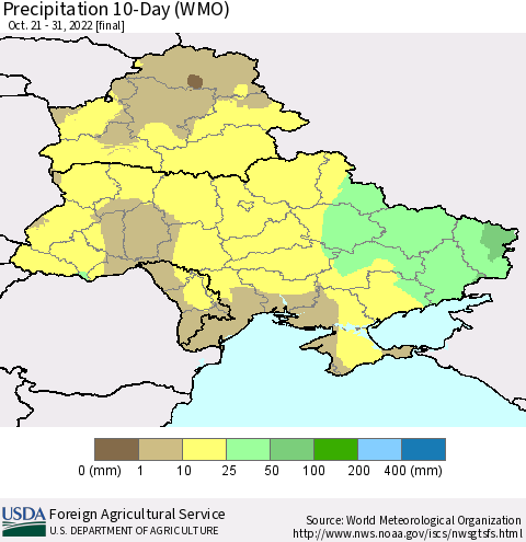 Ukraine, Moldova and Belarus Precipitation 10-Day (WMO) Thematic Map For 10/21/2022 - 10/31/2022
