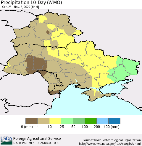 Ukraine, Moldova and Belarus Precipitation 10-Day (WMO) Thematic Map For 10/26/2022 - 11/5/2022