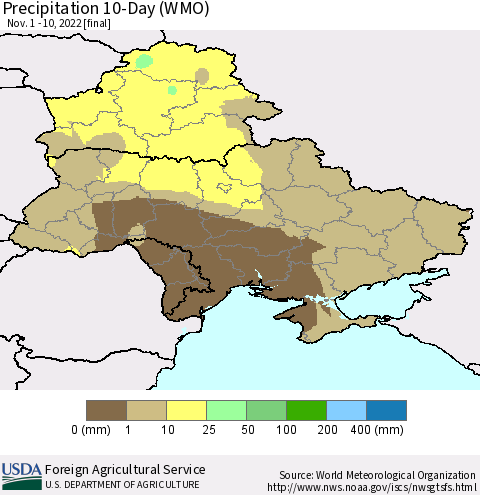 Ukraine, Moldova and Belarus Precipitation 10-Day (WMO) Thematic Map For 11/1/2022 - 11/10/2022