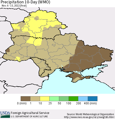 Ukraine, Moldova and Belarus Precipitation 10-Day (WMO) Thematic Map For 11/6/2022 - 11/15/2022