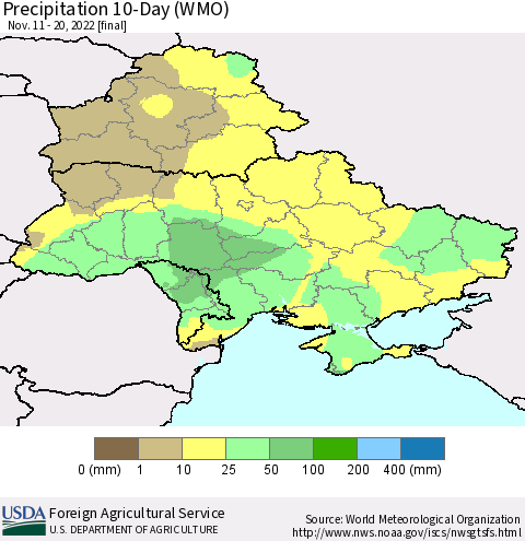 Ukraine, Moldova and Belarus Precipitation 10-Day (WMO) Thematic Map For 11/11/2022 - 11/20/2022