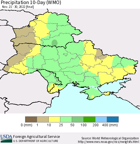 Ukraine, Moldova and Belarus Precipitation 10-Day (WMO) Thematic Map For 11/21/2022 - 11/30/2022