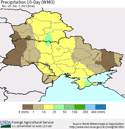Ukraine, Moldova and Belarus Precipitation 10-Day (WMO) Thematic Map For 11/26/2022 - 12/5/2022