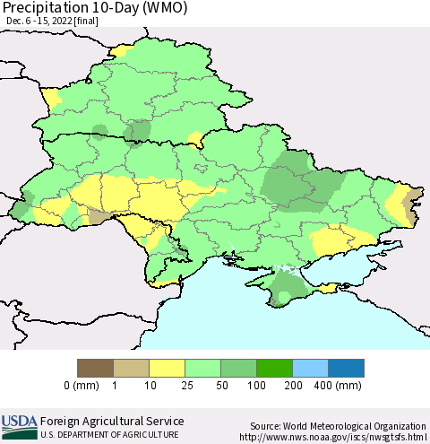 Ukraine, Moldova and Belarus Precipitation 10-Day (WMO) Thematic Map For 12/6/2022 - 12/15/2022