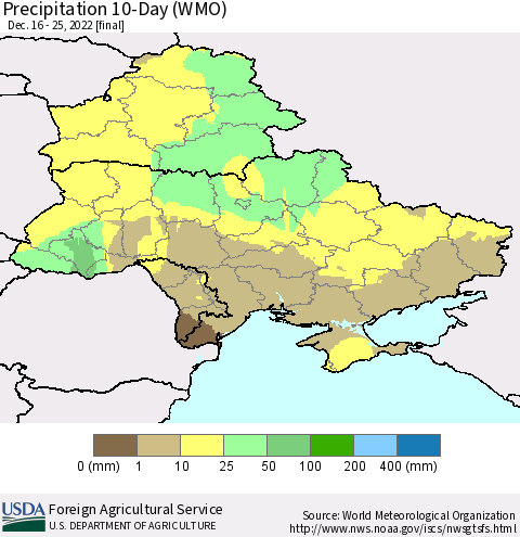 Ukraine, Moldova and Belarus Precipitation 10-Day (WMO) Thematic Map For 12/16/2022 - 12/25/2022