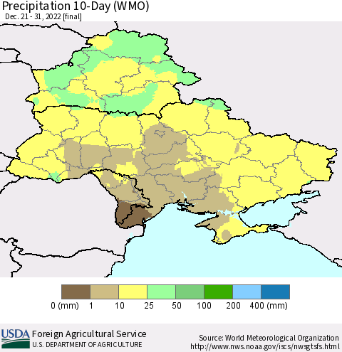 Ukraine, Moldova and Belarus Precipitation 10-Day (WMO) Thematic Map For 12/21/2022 - 12/31/2022