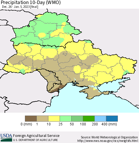 Ukraine, Moldova and Belarus Precipitation 10-Day (WMO) Thematic Map For 12/26/2022 - 1/5/2023