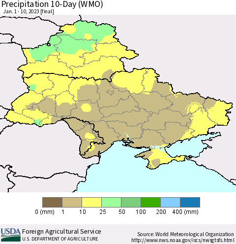 Ukraine, Moldova and Belarus Precipitation 10-Day (WMO) Thematic Map For 1/1/2023 - 1/10/2023