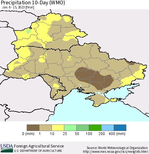 Ukraine, Moldova and Belarus Precipitation 10-Day (WMO) Thematic Map For 1/6/2023 - 1/15/2023