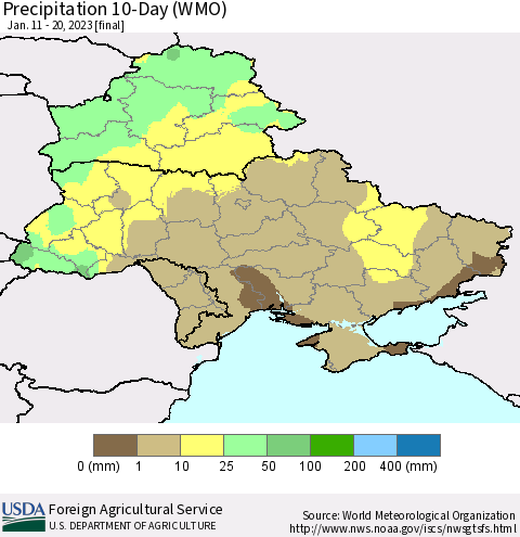 Ukraine, Moldova and Belarus Precipitation 10-Day (WMO) Thematic Map For 1/11/2023 - 1/20/2023