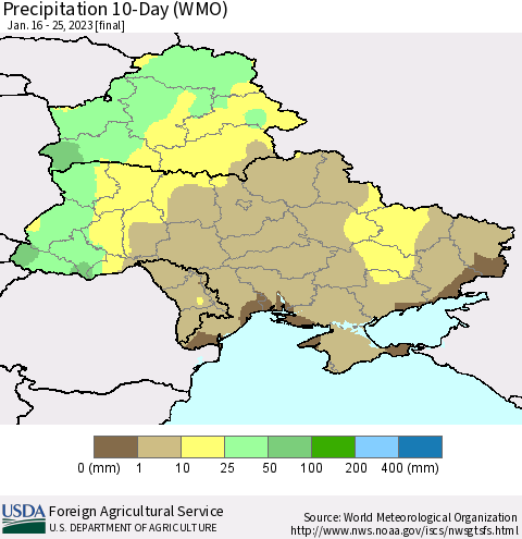 Ukraine, Moldova and Belarus Precipitation 10-Day (WMO) Thematic Map For 1/16/2023 - 1/25/2023