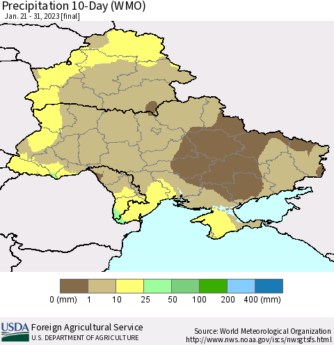 Ukraine, Moldova and Belarus Precipitation 10-Day (WMO) Thematic Map For 1/21/2023 - 1/31/2023