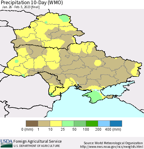 Ukraine, Moldova and Belarus Precipitation 10-Day (WMO) Thematic Map For 1/26/2023 - 2/5/2023