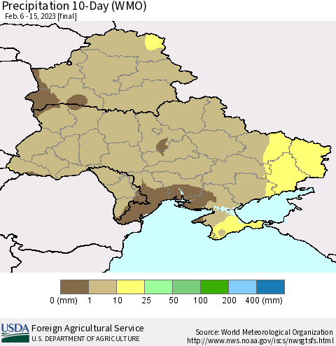 Ukraine, Moldova and Belarus Precipitation 10-Day (WMO) Thematic Map For 2/6/2023 - 2/15/2023