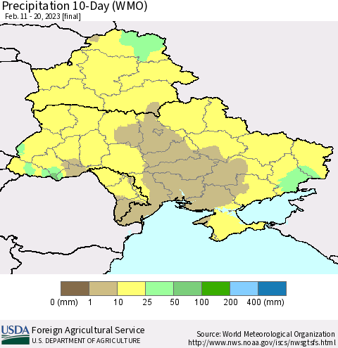 Ukraine, Moldova and Belarus Precipitation 10-Day (WMO) Thematic Map For 2/11/2023 - 2/20/2023